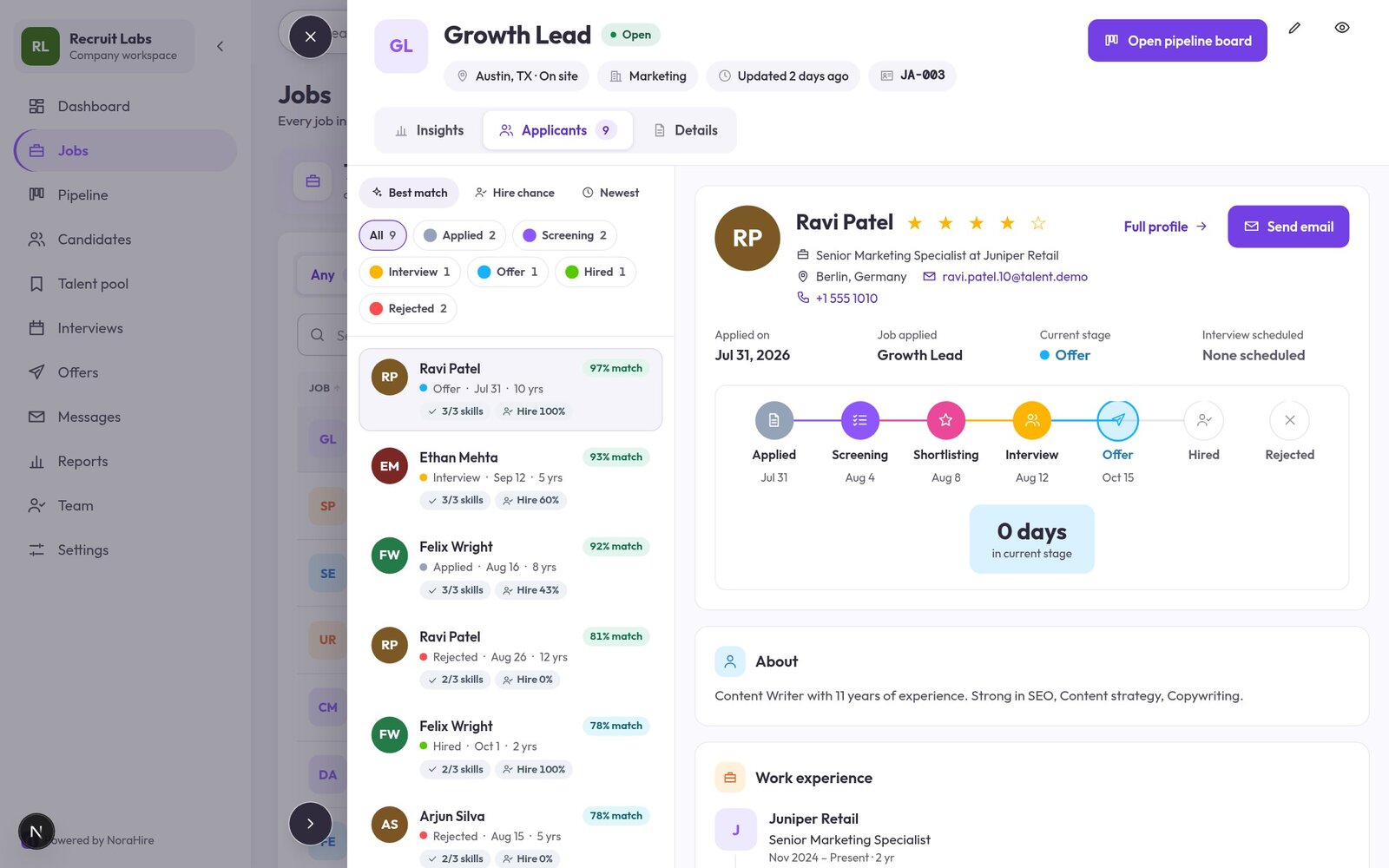 NoraHire applicant tracking system: Applicant review screen