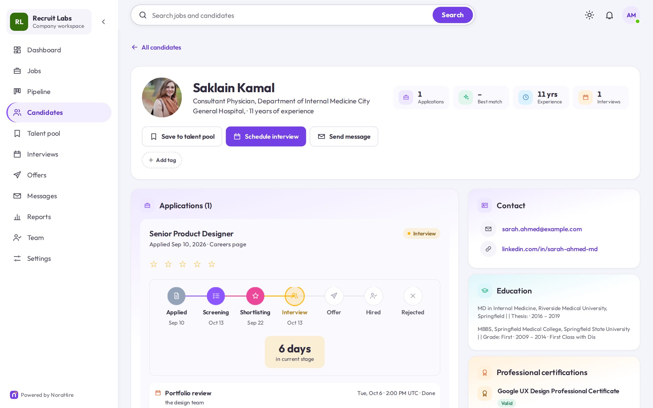 NoraHire applicant tracking system: Candidate profile screen