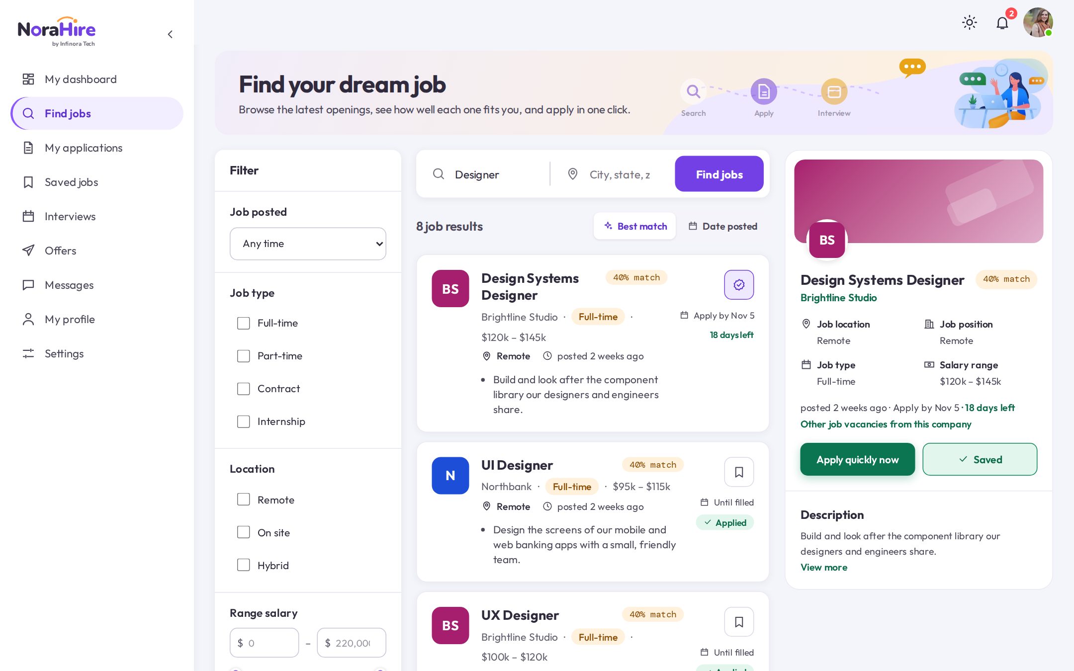 NoraHire applicant tracking system: Find jobs screen