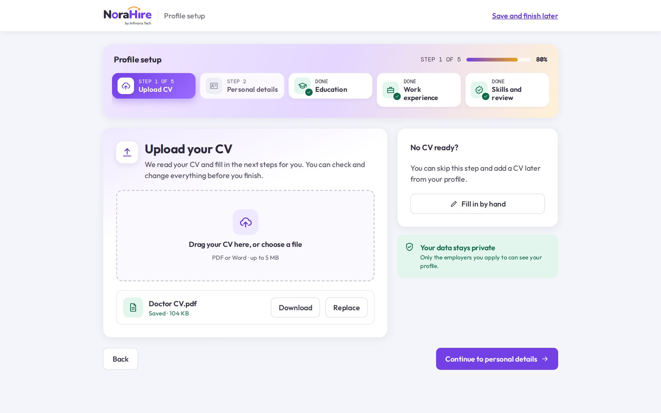 NoraHire applicant tracking system: Profile setup screen